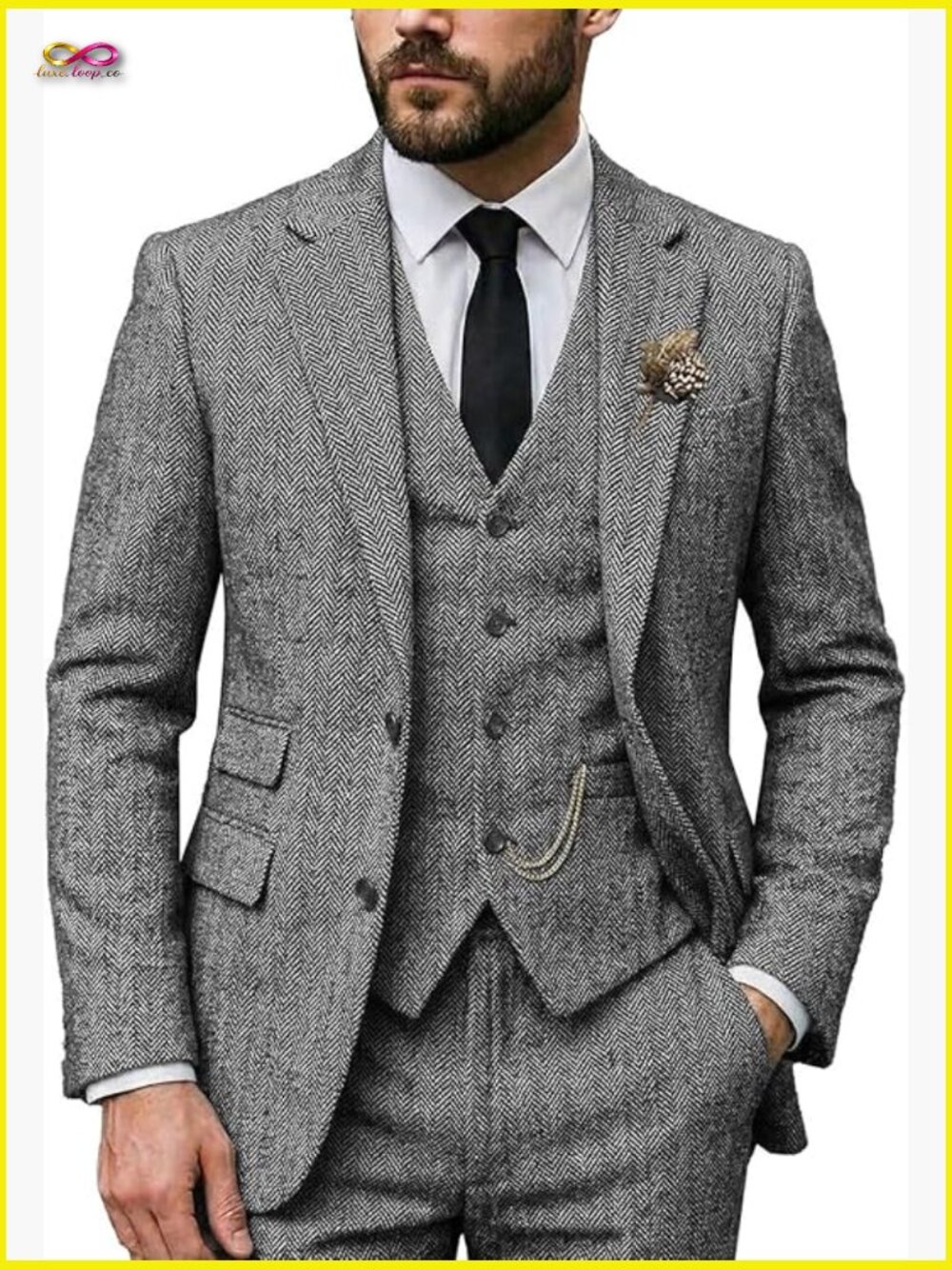 Classic Regular Fit 3-Piece Tweed Wool Suit Set Wedding Grooms Blazer Vest Pants